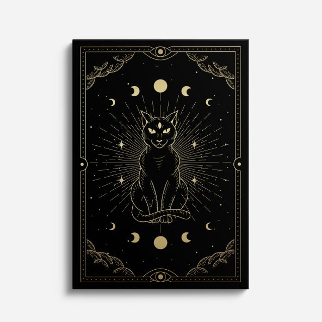 cuadro canvas astrología y zodiaco gato negro fases lunares vertical