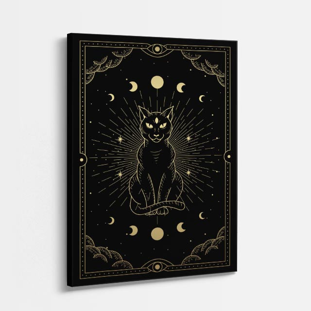 cuadro canvas astrología y zodiaco gato negro fases lunares vertical