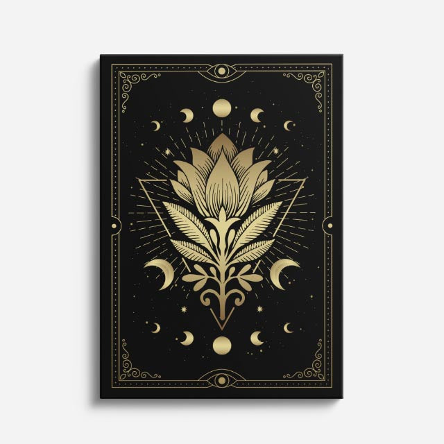 cuadro canvas astrología y zodiaco loto dorado flor lunar vertical