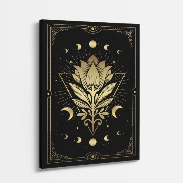 cuadro canvas astrología y zodiaco loto dorado flor lunar vertical