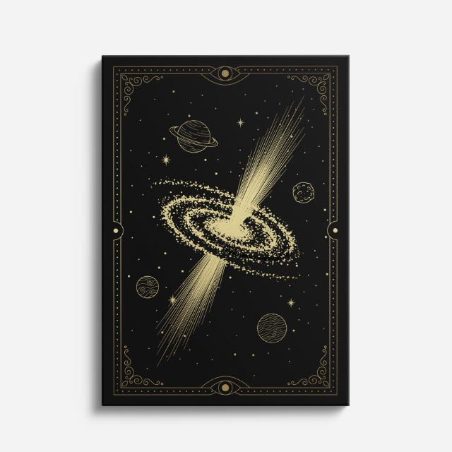 cuadro canvas astrología y zodiaco galaxia dorada espiral cósmica vertical