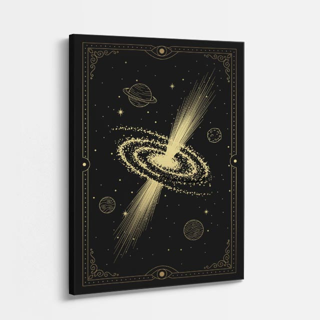 cuadro canvas astrología y zodiaco galaxia dorada espiral cósmica vertical