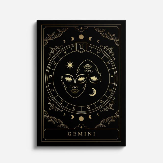 cuadro canvas astrología y zodiaco géminis rostro luna y signos vertical