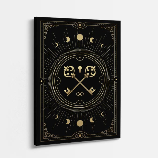 cuadro canvas astrología y zodiaco llaves cruzadas círculo lunar vertical