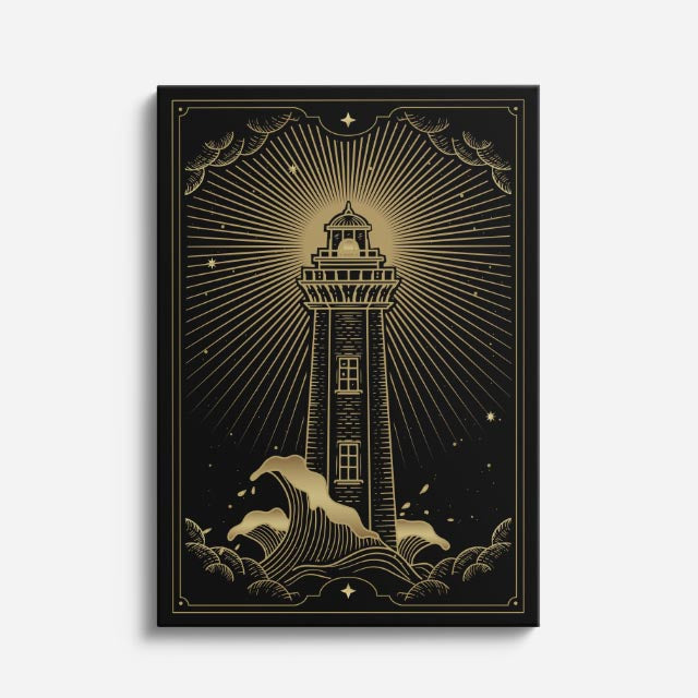 cuadro canvas astrología y zodiaco faro dorado entre las olas vertical