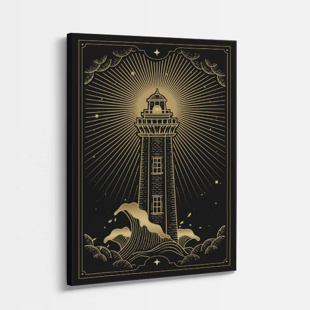 cuadro canvas astrología y zodiaco faro dorado entre las olas vertical