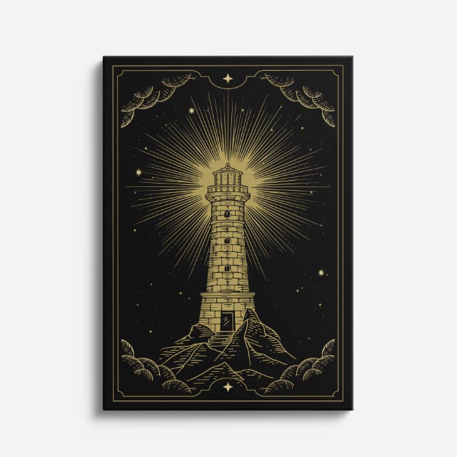 cuadro canvas astrología y zodiaco faro dorado tormenta mística vertical