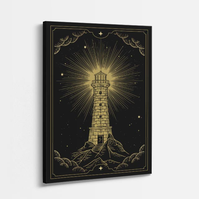 cuadro canvas astrología y zodiaco faro dorado tormenta mística vertical
