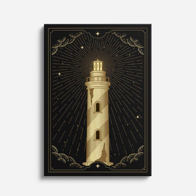 cuadro canvas astrología y zodiaco faro iluminado luna creciente vertical