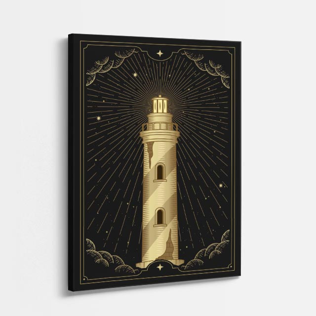 cuadro canvas astrología y zodiaco faro iluminado luna creciente vertical