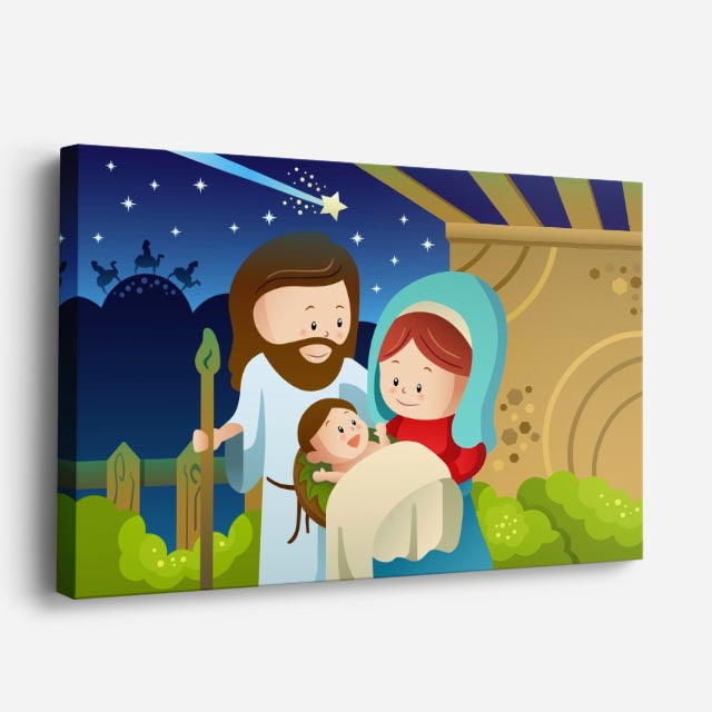 cuadro canvas religión cristiana sagrada familia noche de estrellas horizontal