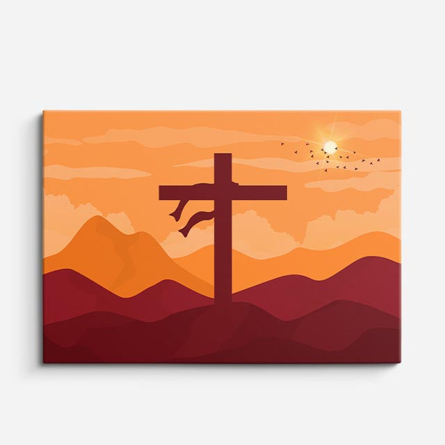 cuadro canvas religión cristiana cruz solitaria montañas naranja horizontal