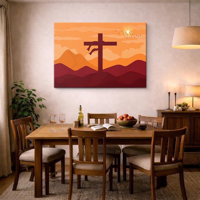 cuadro canvas religión cristiana cruz solitaria montañas naranja horizontal