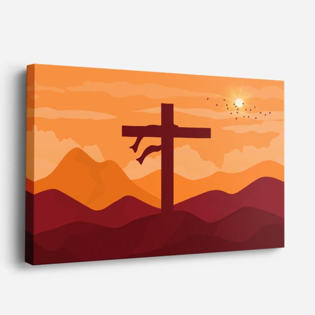 cuadro canvas religión cristiana cruz solitaria montañas naranja horizontal