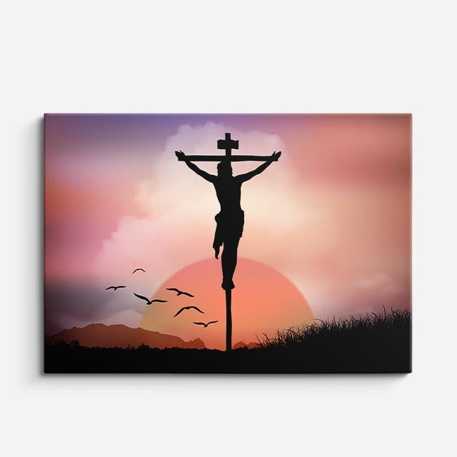 cuadro canvas religión cristiana cristo en la cruz atardecer rosa horizontal