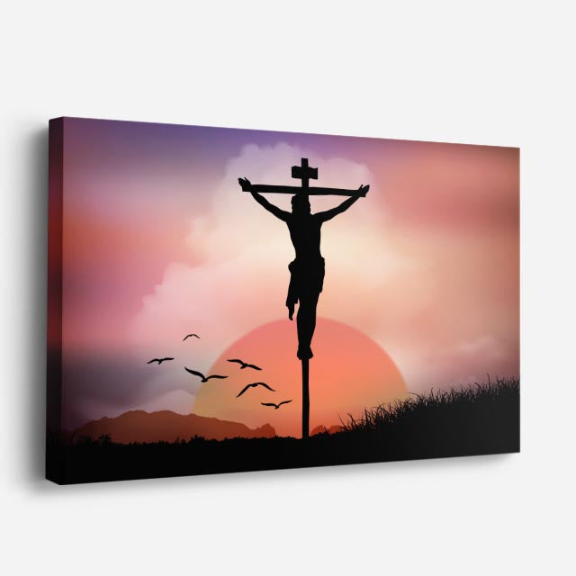 cuadro canvas religión cristiana cristo en la cruz atardecer rosa horizontal