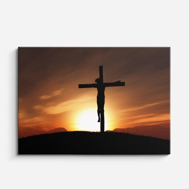 cuadro canvas religión cristiana cristo crucificado atardecer dorado horizontal