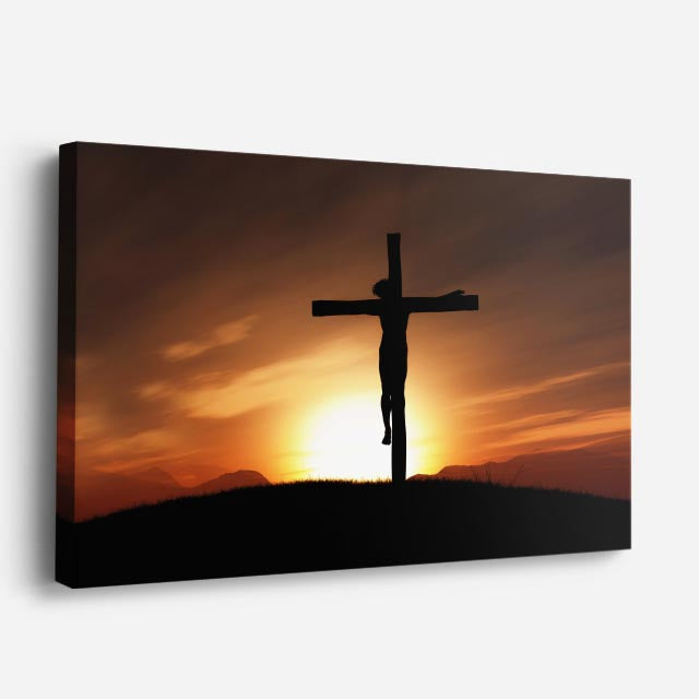 cuadro canvas religión cristiana cristo crucificado atardecer dorado horizontal