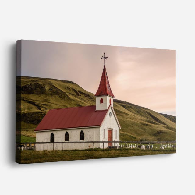 cuadro canvas religión cristiana pequeña iglesia colina verde horizontal