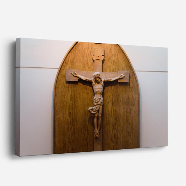 cuadro canvas religión cristiana cristo en cruz madera clara horizontal