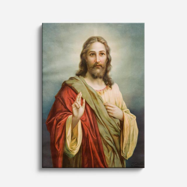 cuadro canvas religión cristiana cristo redentor manto rojo vertical