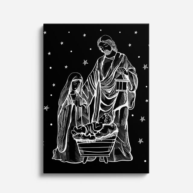cuadro canvas religión cristiana sagrada familia noche trazo blanco vertical