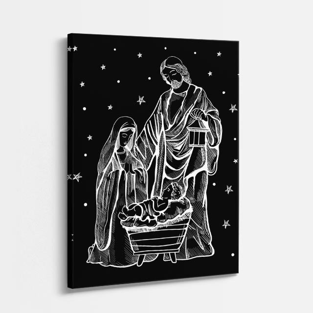 cuadro canvas religión cristiana sagrada familia noche trazo blanco vertical