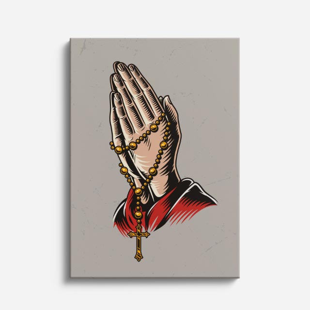 cuadro canvas religión cristiana manos en oración rosario dorado vertical
