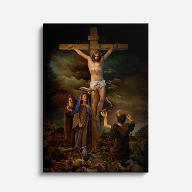 cuadro canvas religión cristiana cristo crucificado noche dramática vertical