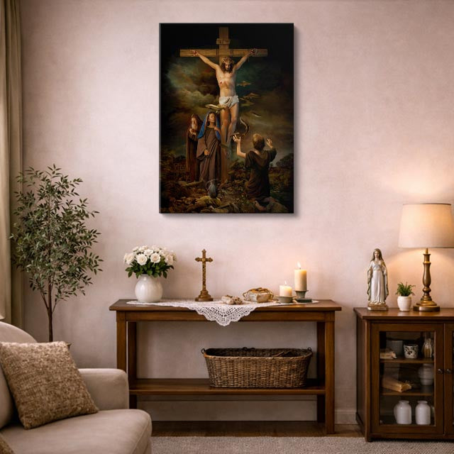cuadro canvas religión cristiana cristo crucificado noche dramática vertical