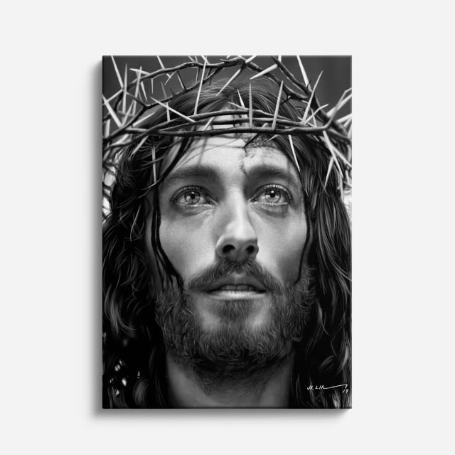 cuadro canvas religión cristiana cristo corona de espinas blanco negro vertical