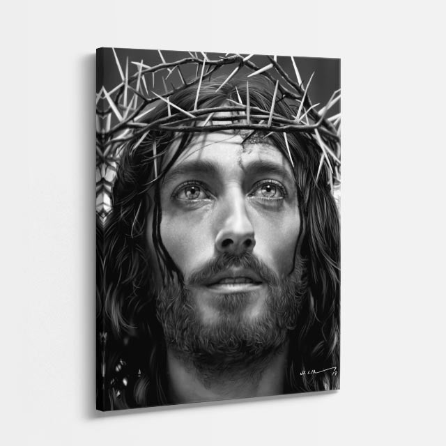 cuadro canvas religión cristiana cristo corona de espinas blanco negro vertical