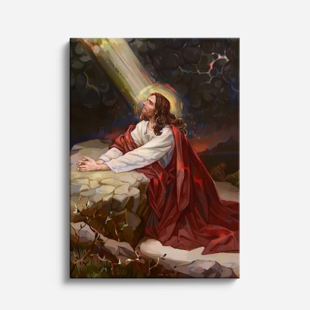 cuadro canvas religión cristiana cristo en getsemaní manto rojo vertical
