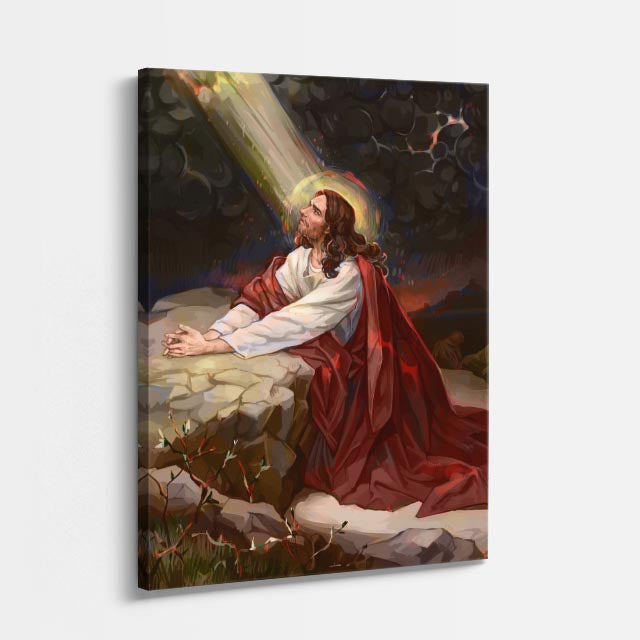 cuadro canvas religión cristiana cristo en getsemaní manto rojo vertical