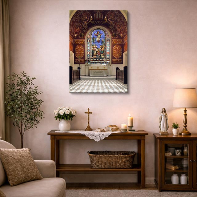 cuadro canvas religión cristiana vitral altar madera oscura vertical
