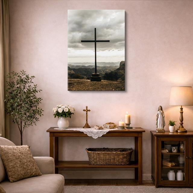 cuadro canvas religión cristiana cruz solitaria montaña cielo vertical