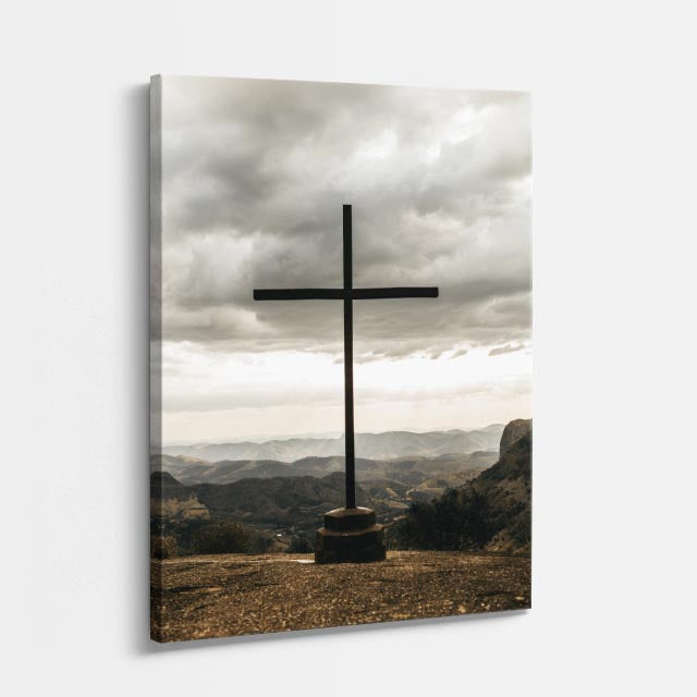 cuadro canvas religión cristiana cruz solitaria montaña cielo vertical