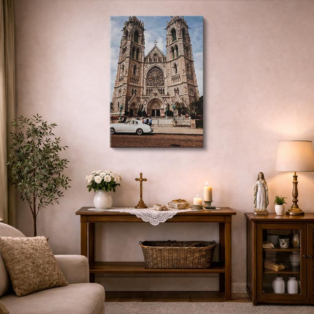 cuadro canvas religión cristiana fachada catedral gótica ciudad vertical