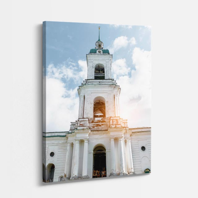 cuadro canvas religión cristiana torre iglesia blanca cielo azul vertical