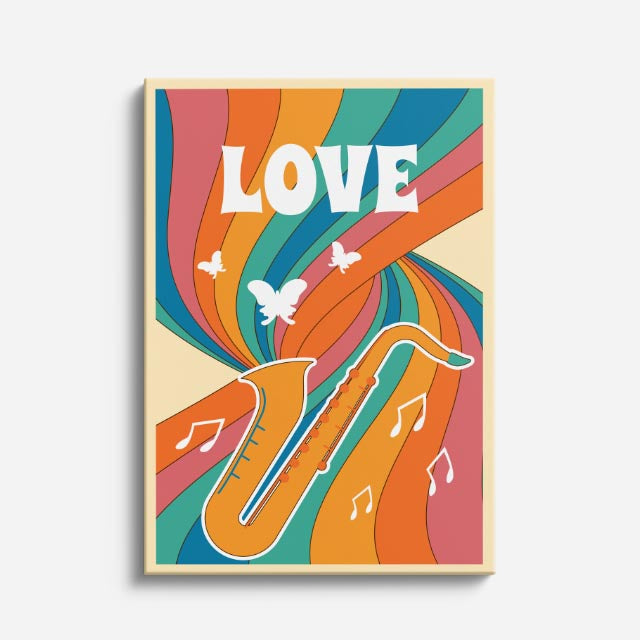 cuadro canvas 70s psicodelia love saxofón ondas coloridas vertical