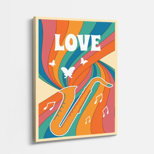 cuadro canvas 70s psicodelia love saxofón ondas coloridas vertical