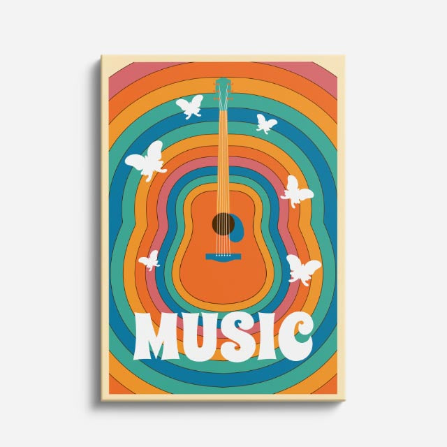 cuadro canvas 70s psicodelia guitar music arcoíris retro vertical