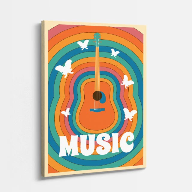 cuadro canvas 70s psicodelia guitar music arcoíris retro vertical