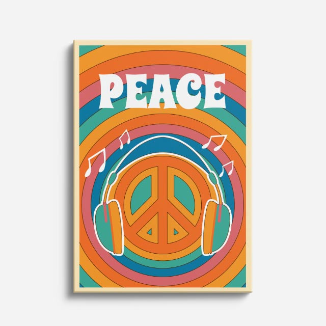 cuadro canvas 70s psicodelia peace music audífonos retro vertical