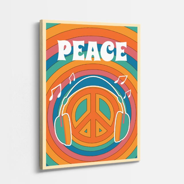 cuadro canvas 70s psicodelia peace music audífonos retro vertical