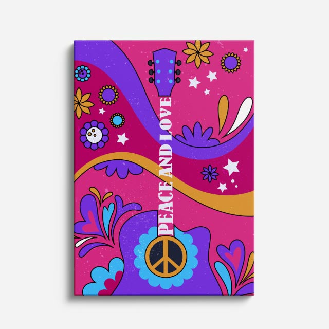 cuadro canvas 70s psicodelia peace and love guitarra morada vertical