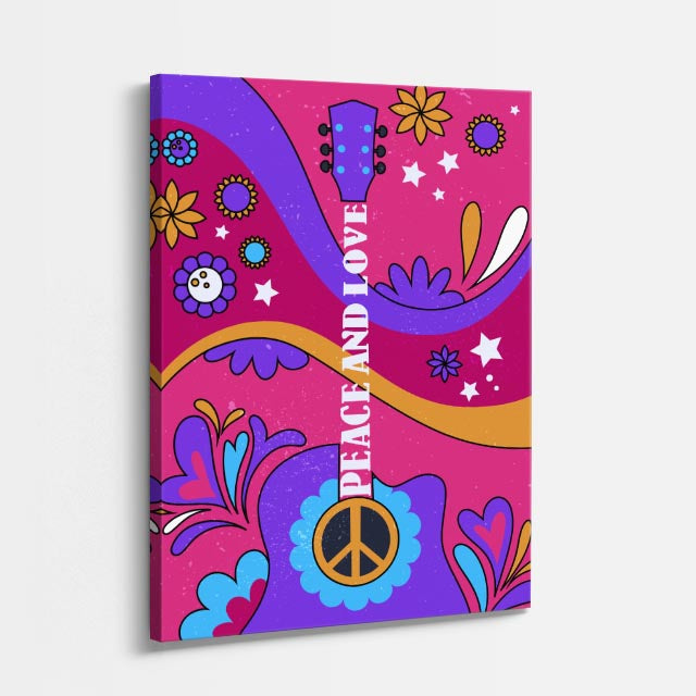 cuadro canvas 70s psicodelia peace and love guitarra morada vertical