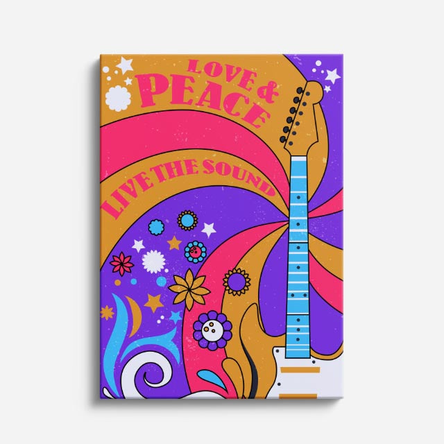 cuadro canvas 70s psicodelia love peace live the sound guitarra vertical