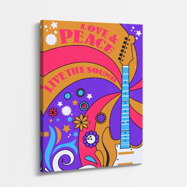 cuadro canvas 70s psicodelia love peace live the sound guitarra vertical