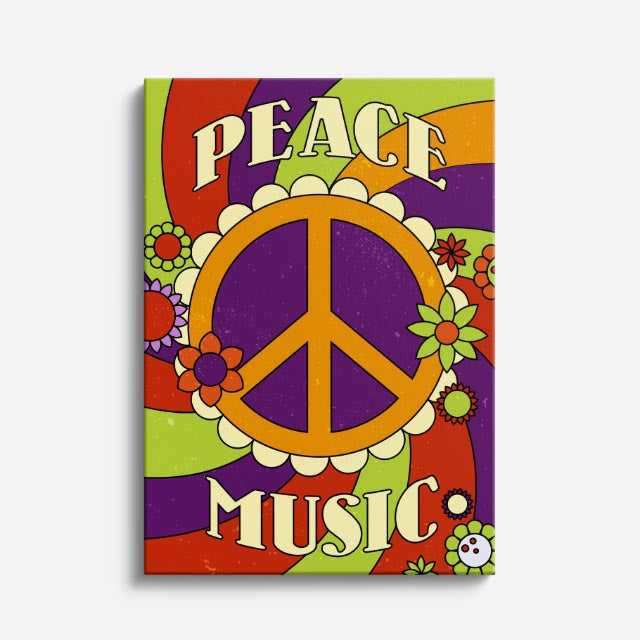 cuadro canvas 70s psicodelia peace music símbolo flores vertical